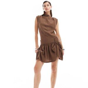 ASOS Design Cowl Neck Hitched Hem Cupro Mini Dress Brown Size 10